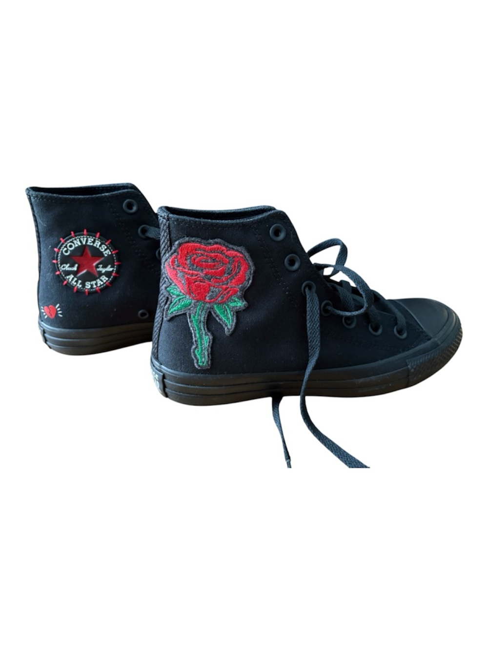 Converse Black High-Top Sneakers with Red Rose Embroidery
